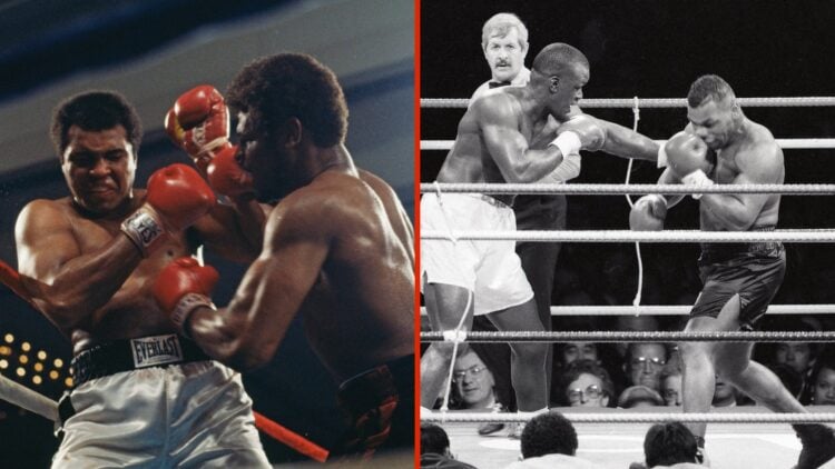 Split image of Muhammad Ali vs Leon Spinks and Mike Tyson vs James Douglas