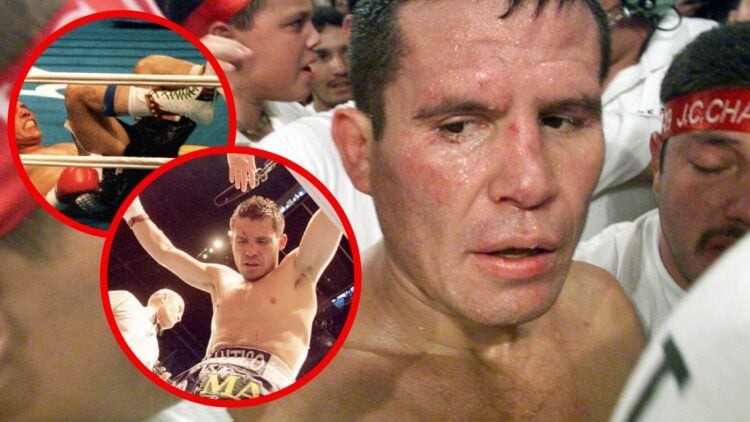 Julio Cesar Chavez looking sad after a loss with inset of Chavez in his corner and inset of Chavez on the canvas after being dropped