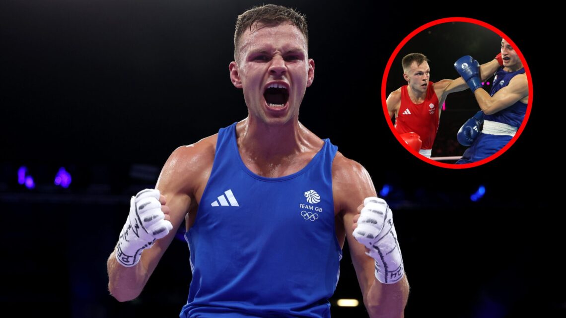 Lewis Richardson shouts after an Olympic win with inset of Richardson vs Marco Verde