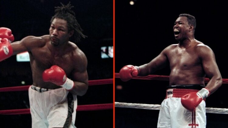 Split image of Lennox Lewis and Larry Holmes