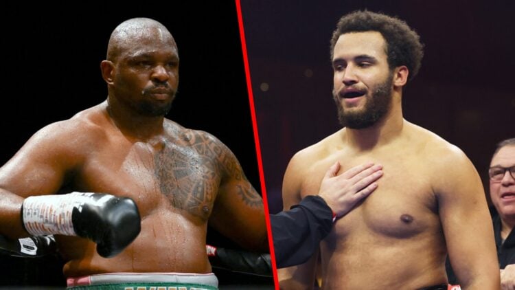 Dillian Whyte leaning on the ropes split with Moses Itauma in the ring with gumshield in
