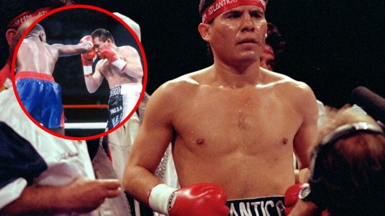 Julio Cesar Chavez in the ring with bandana on with inset of Chavez vs Pernell Whitaker