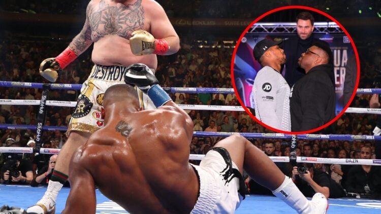 Anthony Joshua dropped by Andy Ruiz with inset of Joshua facing off with Jarrell Miller