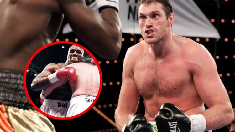Tyson Fury in the ring with Steve Cunningham with inset of Evander Holyfield vs Bobby Czyz