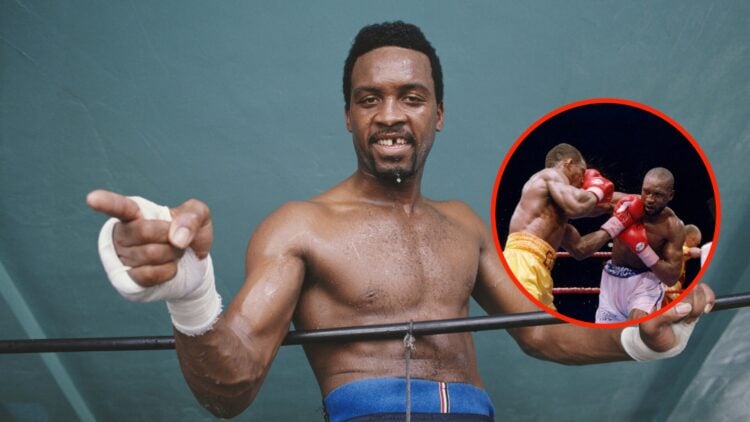 Nigel Benn poses in the ring during a 1990 shoot with an overlay of Benn's fight with Chris Eubank