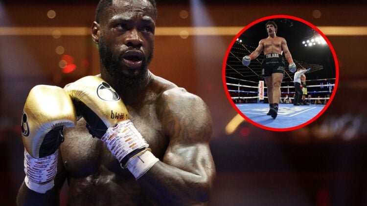 Deontay Wilder in the ring vs Zhilei Zhang with inset of Richard Torrez Jr. walking away after a KO win