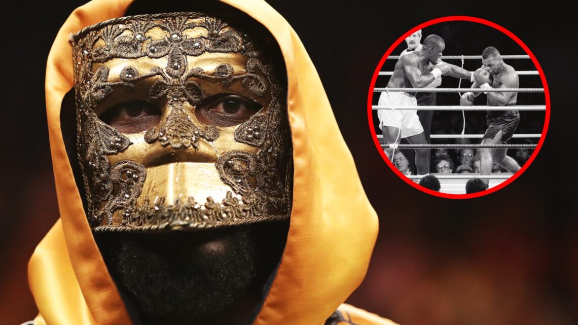 Deontay Wilder with gold mask on ahead of his fight with Luis Ortiz with inset of Mike Tyson vs Buster Douglas