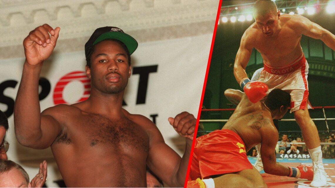 Lennox Lewis poses with a cap on split with Riddick Bowe on the canvas after being dropped by Andrew Golota