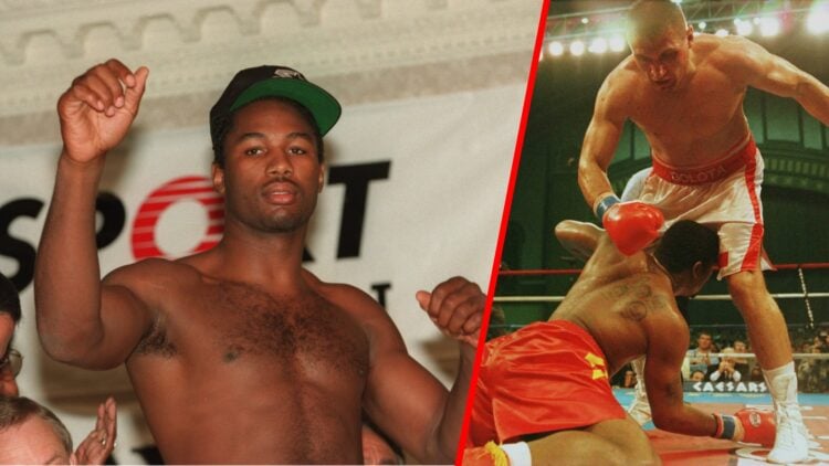Lennox Lewis poses with a cap on split with Riddick Bowe on the canvas after being dropped by Andrew Golota