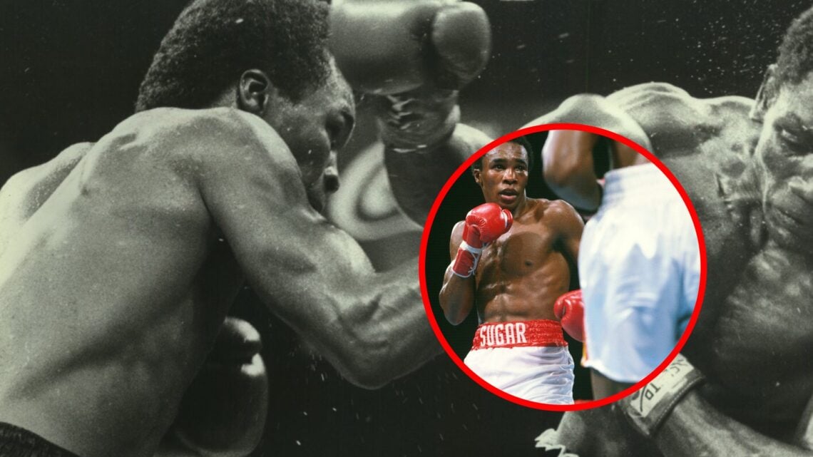 Sugar Ray Leonard vs Ayub Kalule with inset of Sugar Ray Leonard in the ring