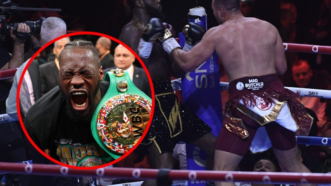 Deontay Wilder vs Joseph Parker with inset of Deontay Wilder shouting and holding a belt after beating Dominic Brezeale