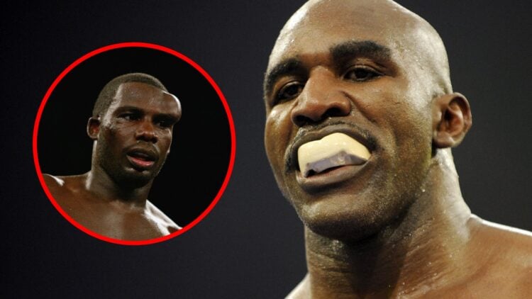 Evander Holyfield with gumshield in with inset of Hasim Rahman with hematoma