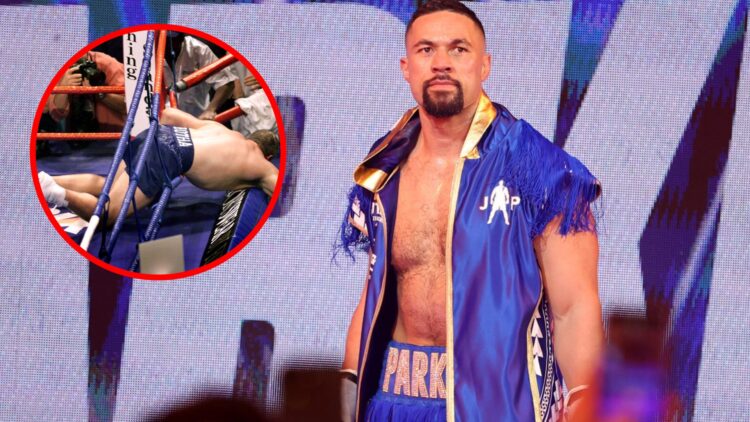 Joseph Parker stood in the ring with inset of Frans Botha being knocked out of the ring by Lennox Lewis