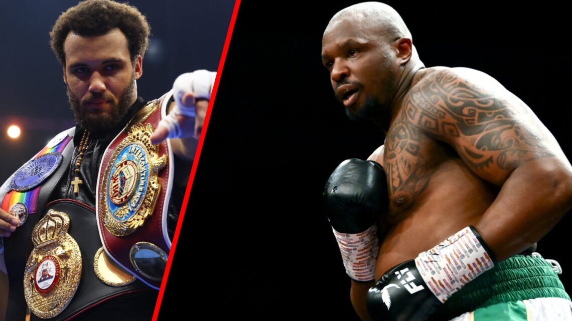 Dillian Whyte in the ring during his fight with Christian Hammer split with Moses Itauma with a belt