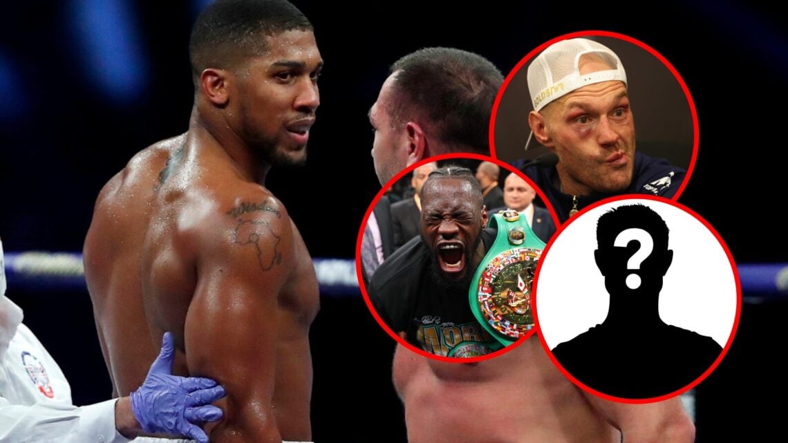 Anthony Joshua facing Kubrat Pulev with insets of Wilder screaming, Fury bruised and upset, and a mystery silhouette