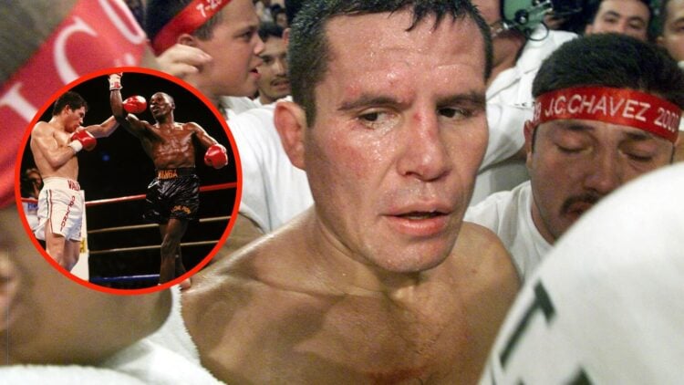 Julio Cesar Chavez reacts after a loss and Julio Cesar Chavez lands a punch during a fight against Mayweather