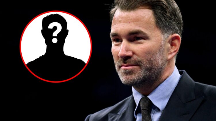 Eddie Hearn in a suit with inset of mystery silhouette