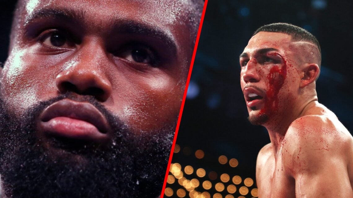 Jaron Ennis zoomed in split with Teofimo Lopez with a cut