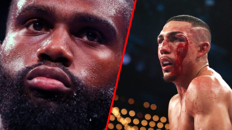 Jaron Ennis zoomed in split with Teofimo Lopez with a cut