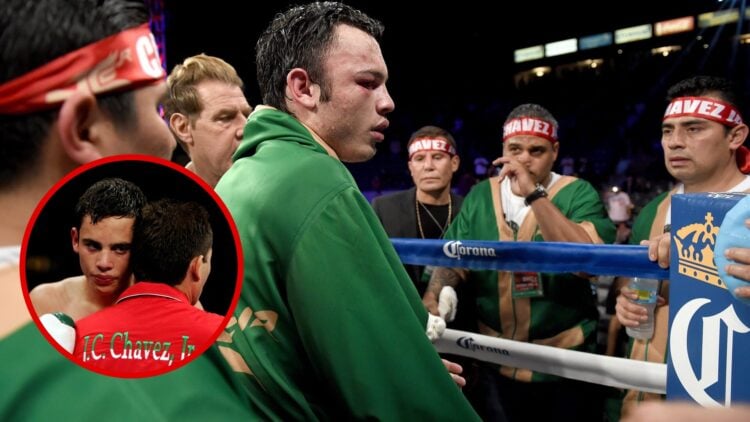 Chavez Jr looking upset after a loss in the ring with inset of him hugging a teammate