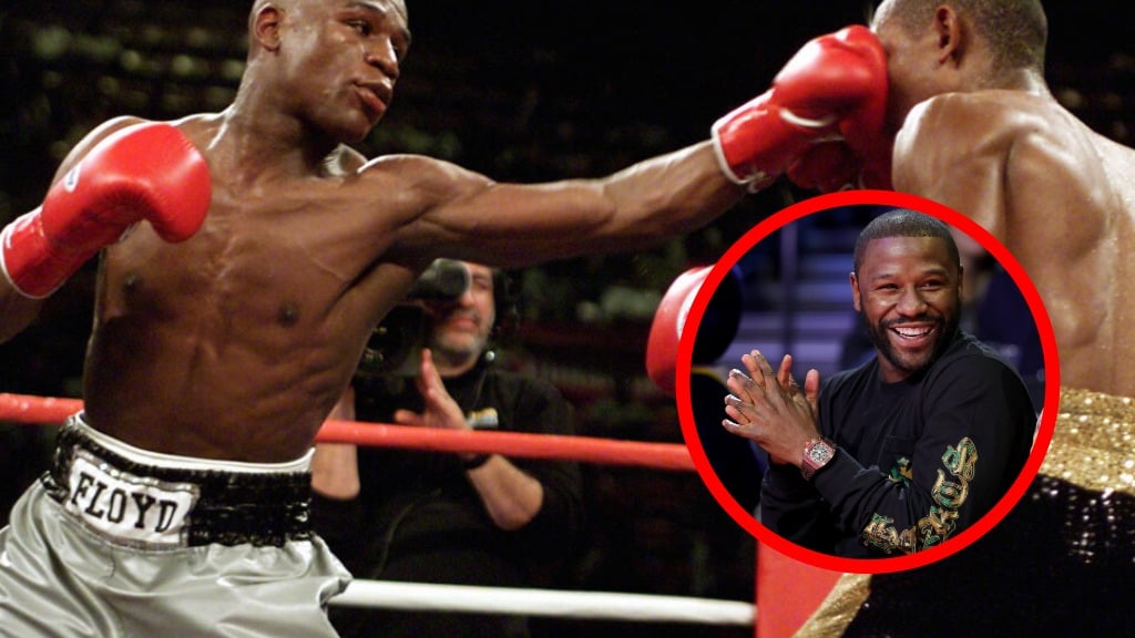 Floyd Mayweather vs Victoriano Sosa with inset of Mayweather smiling at a basketball game