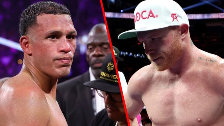 David Benavidez close up split with Canelo looking dejected after loss to Bivol