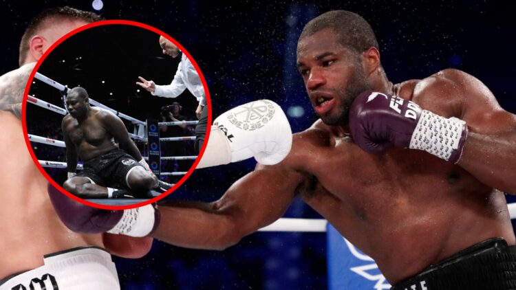 Daniel Dubois fighting Oleksandr Usyk with inset of Ebenezer Tetteh on the floor after being knocked down by Frazer Clarke