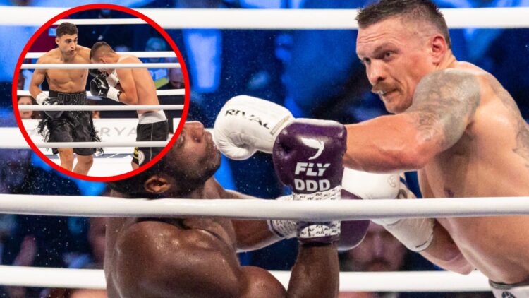 Oleksandr Usyk lands a punch on Daniel Dubois with inset of Aadam Hamed vs Vojtech Hrdy