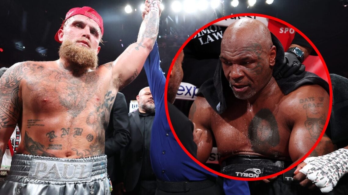 Jake Paul has his hand raised after beating Mike Tyson with inset of Mike Tyson in his corner during their fight