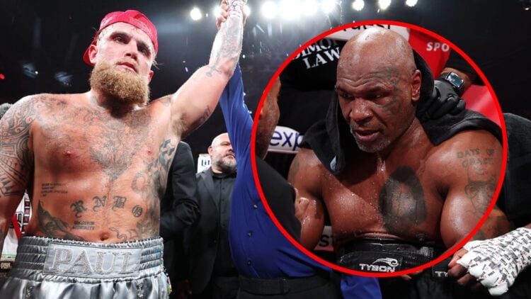 Jake Paul has his hand raised after beating Mike Tyson with inset of Mike Tyson in his corner during their fight