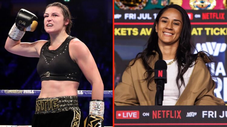 Katie Taylor celebrates a victory in the ring and Amanda Serrano speaks as a pre-fight press conference