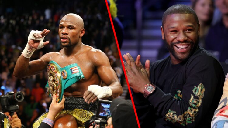 Floyd Mayweather celebrating with belts around him split with Mayweather smiling at a basketball game