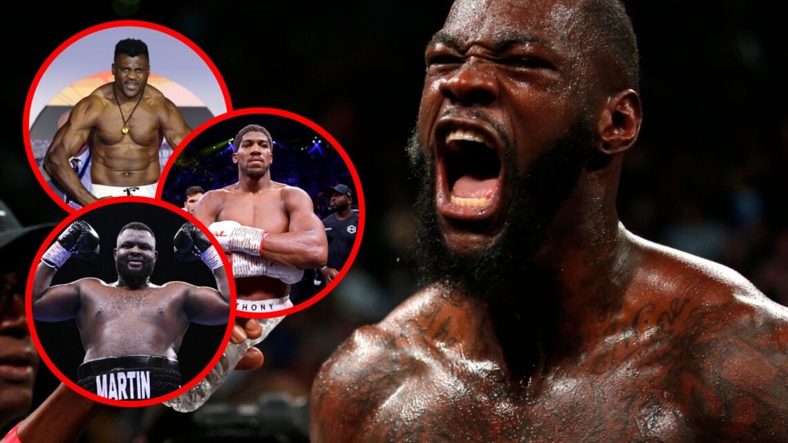 Deontay Wilder shouting in the ring with inset of Anthony Joshua with arms crossed, Francis Ngannou flexing, and Martin Bakole celebrating a win