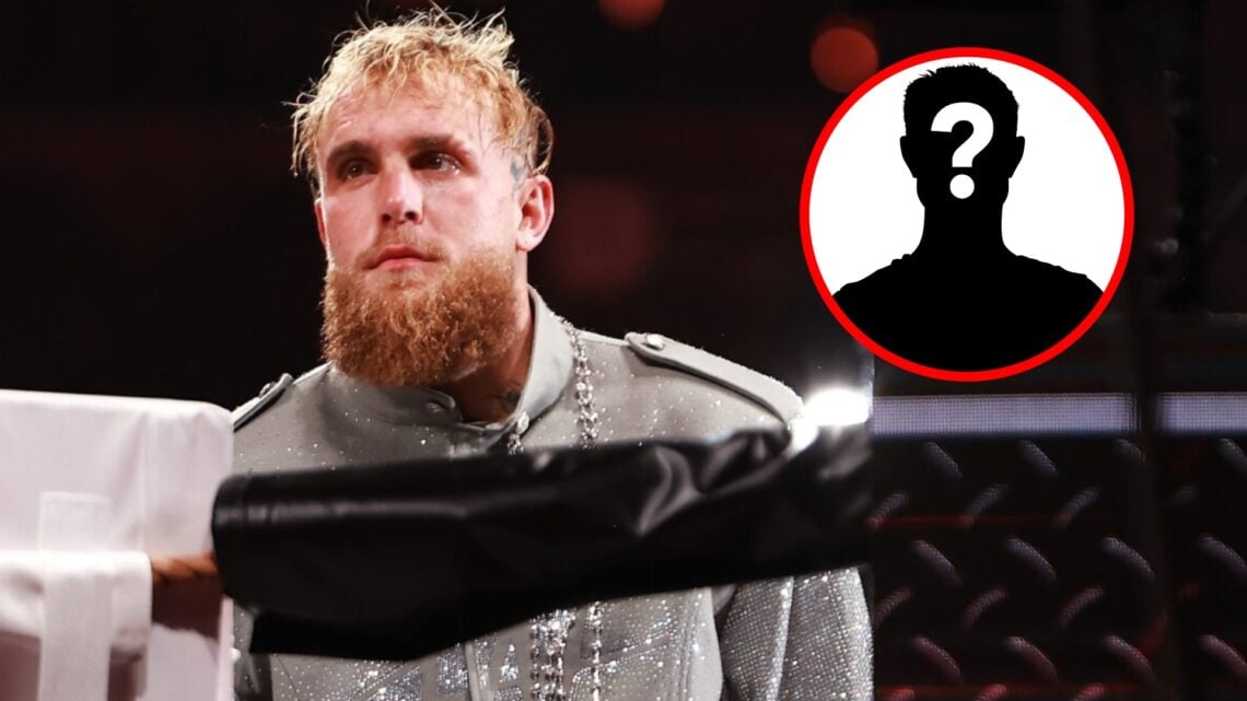 Jake Paul stood in the ring with inset of mystery silhouette
