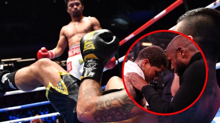 Manny Pacquiao drops Lucas Matthysse with inset of Gervonta Davis after his fight with Isaac Cruz