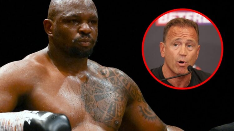 Dillian Whyte leaning on the ropes in the ring with inset of Mark Tibbs speaking into a mic