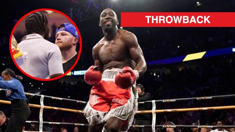 Terence Crawford celebrates knocking out David Avanesyan, inset of his in-ring face-off with Canelo Alvarez.