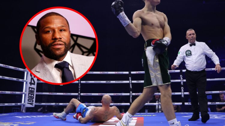 Giorgio Visioli walks away after KOing opponent with inset of Floyd Mayweather in a suit