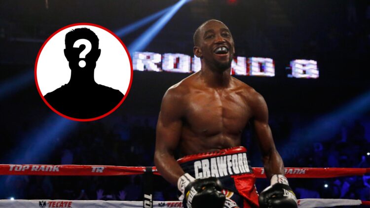 Terence Crawford celebrating in the ring after a win with inset of mystery silhouette