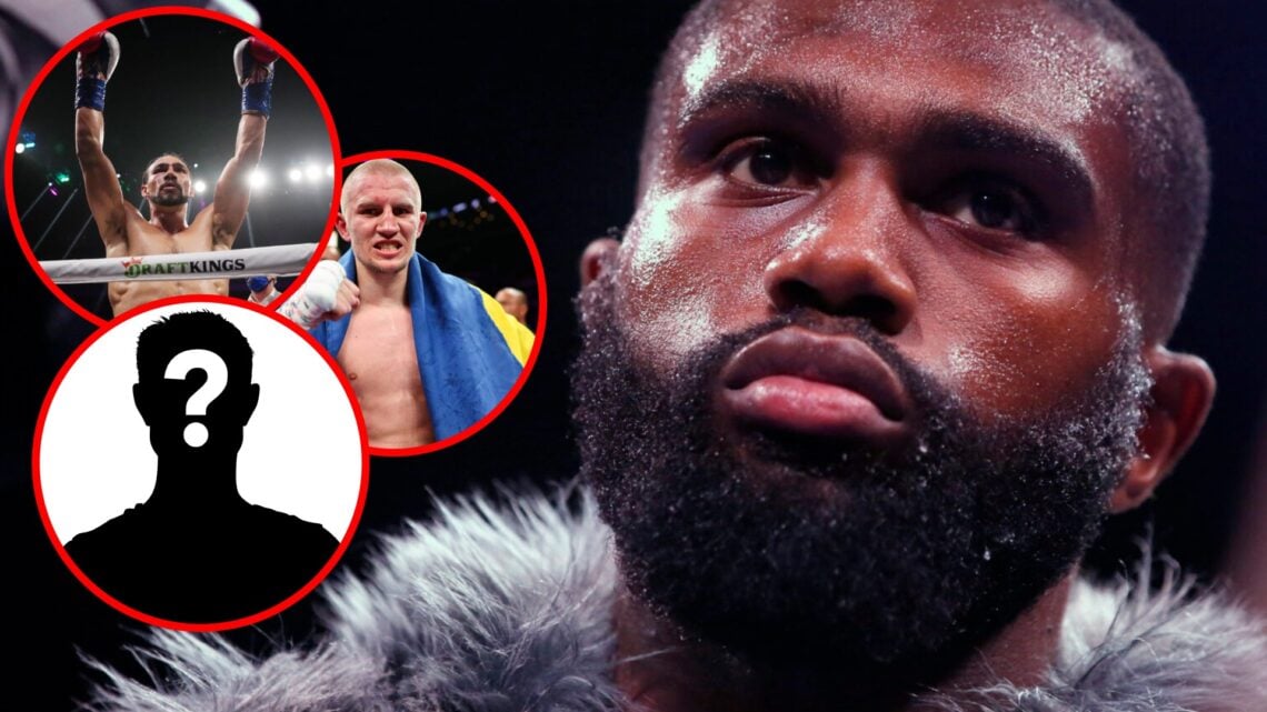 Jaron Ennis close-up with insets of Keith Thurman, Serhii Bohachuk and a mystery silhouette
