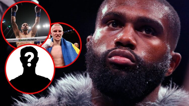 Jaron Ennis close-up with insets of Keith Thurman, Serhii Bohachuk and a mystery silhouette