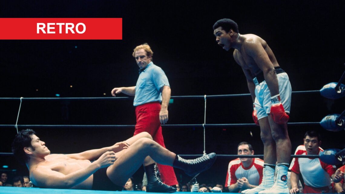 Muhammad Ali looks shocked at Antonio Inoki lying on his back during their 1976 fight.