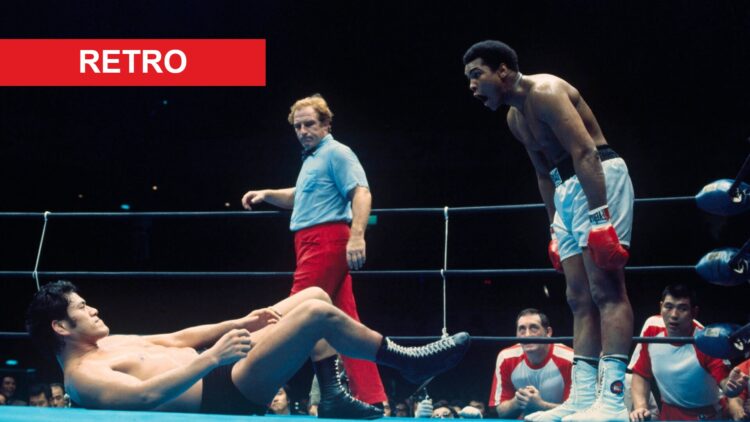 Muhammad Ali looks shocked at Antonio Inoki lying on his back during their 1976 fight.
