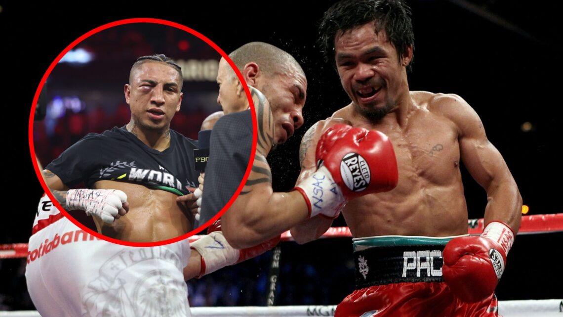 Manny Pacquiao landing a solid uppercut on Miguel Cotto with inset of Mario Barrios with swollen eye