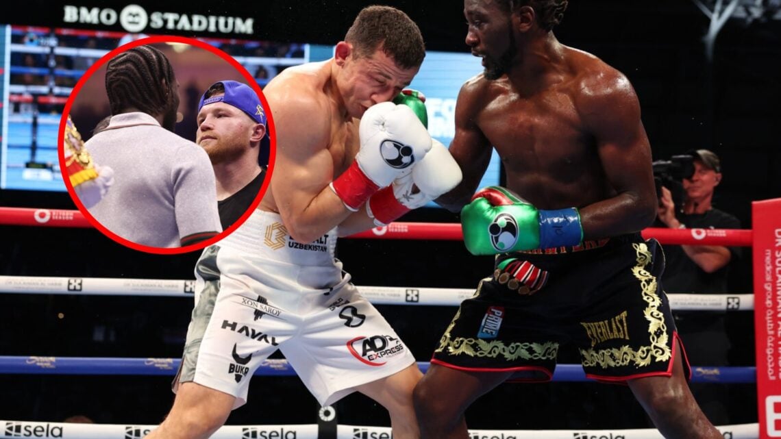 Terence Crawford vs Israil Madrimov with inset of Canelo facing off with Crawford