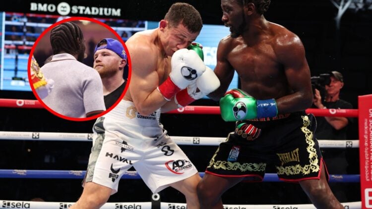 Terence Crawford vs Israil Madrimov with inset of Canelo facing off with Crawford