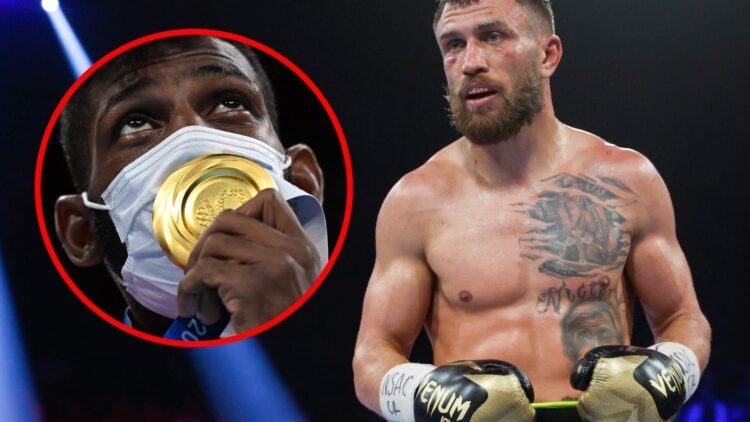 Vasiliy Lomachenko in the ring with inset of Andy Cruz kissing his gold medal at the Olympics