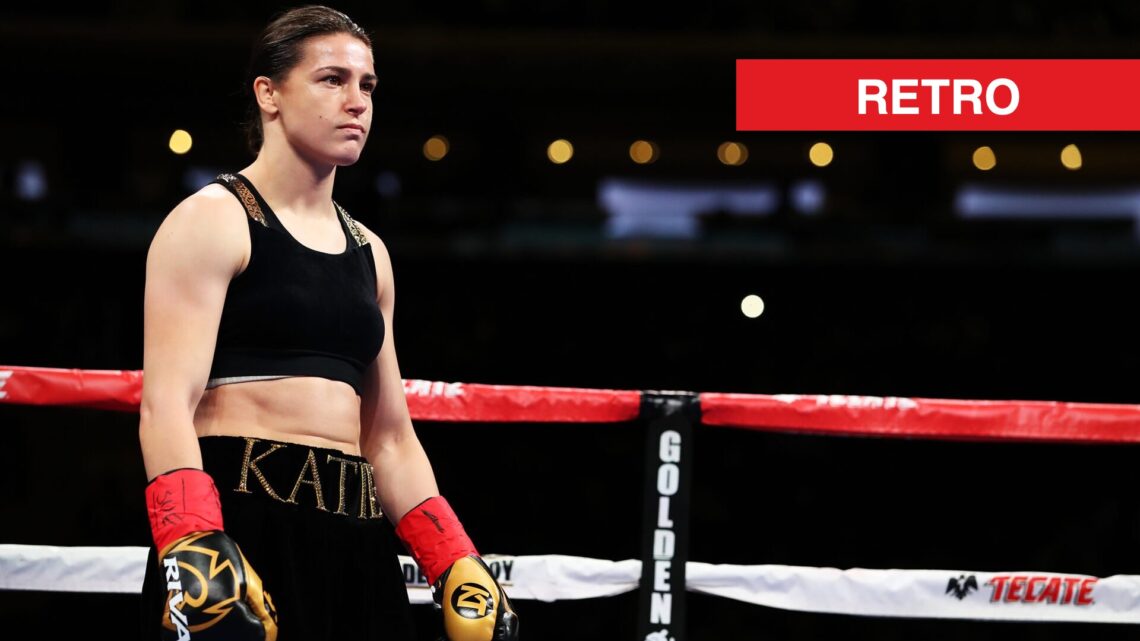 Image of Katie Taylor in ring with retro label