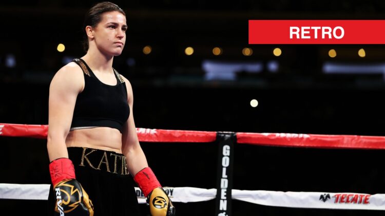 Image of Katie Taylor in ring with retro label