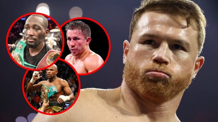 Canelo close-up with inset of Terence Crawford, Gennadiy Golovkin and Floyd Mayweather
